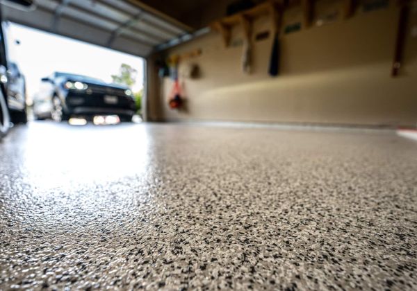 Garage with epoxy flooring